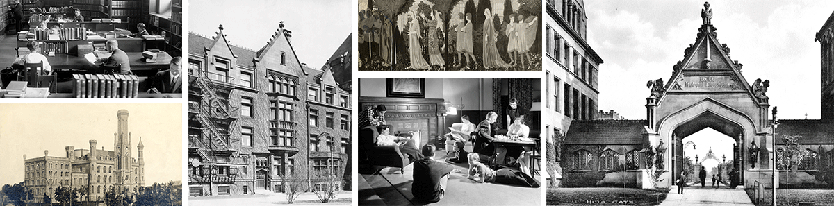 A collage of different black and white University of Chicago buildings.