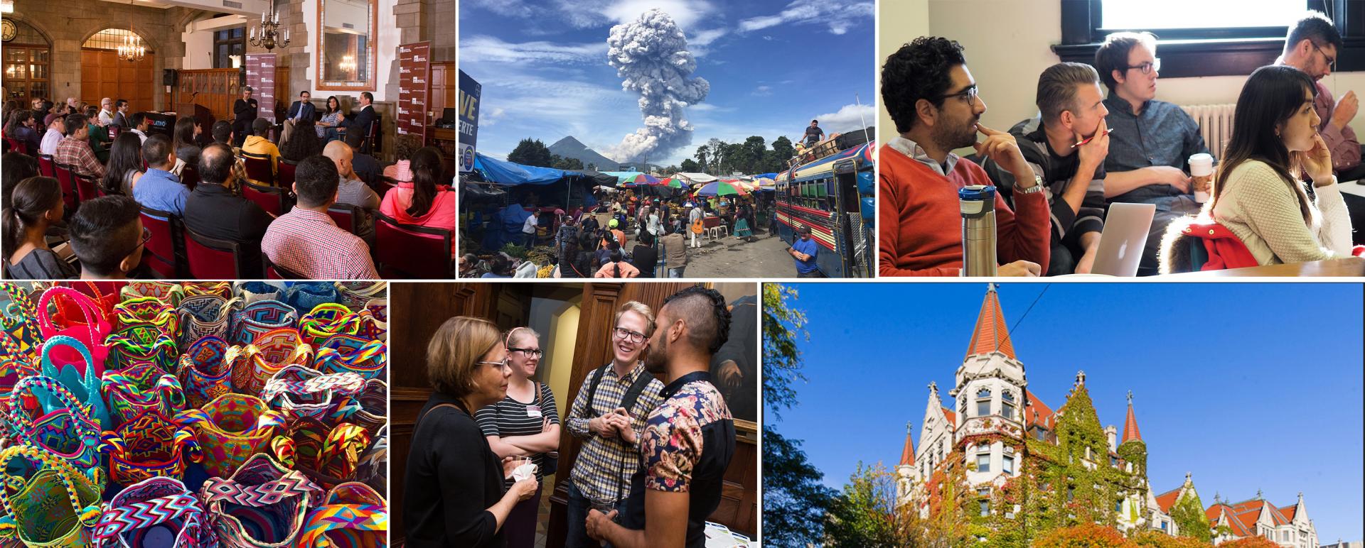 A collage of candids of graduate students interspersed with university photos