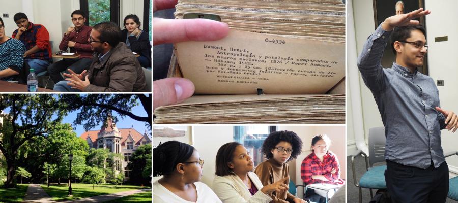 A collage of candids of graduate students and university locations